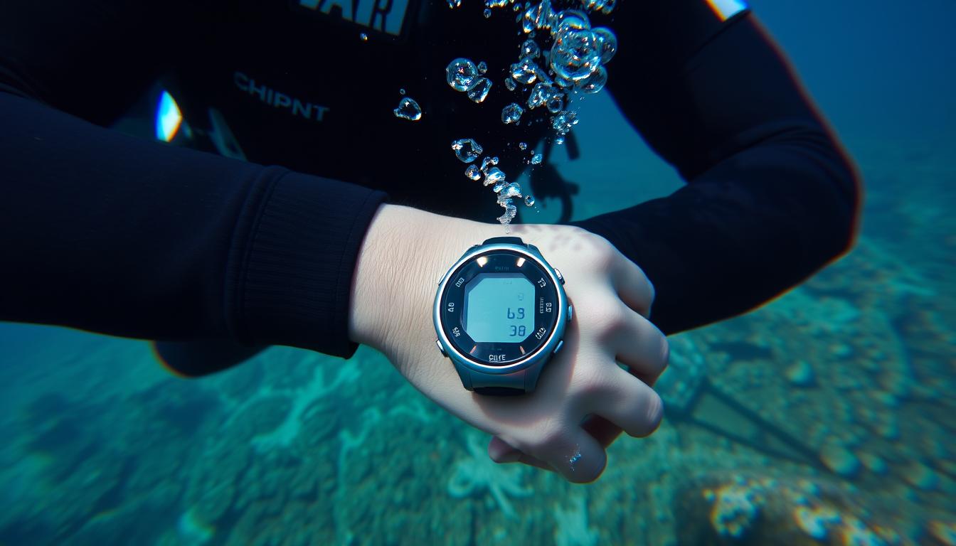 A diver checking their wrist-mounted dive computer underwater