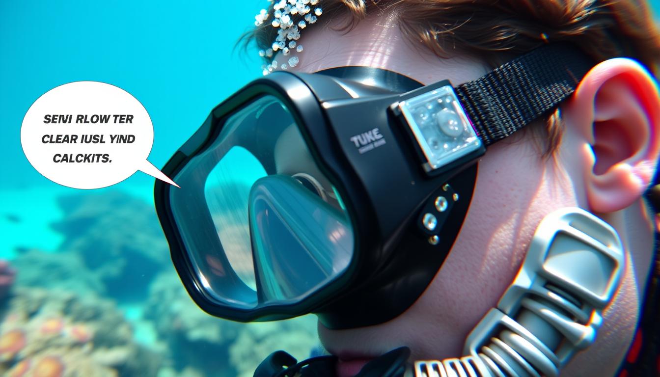 A diver wearing a properly fitted scuba mask underwater with clear visibility of a coral reef