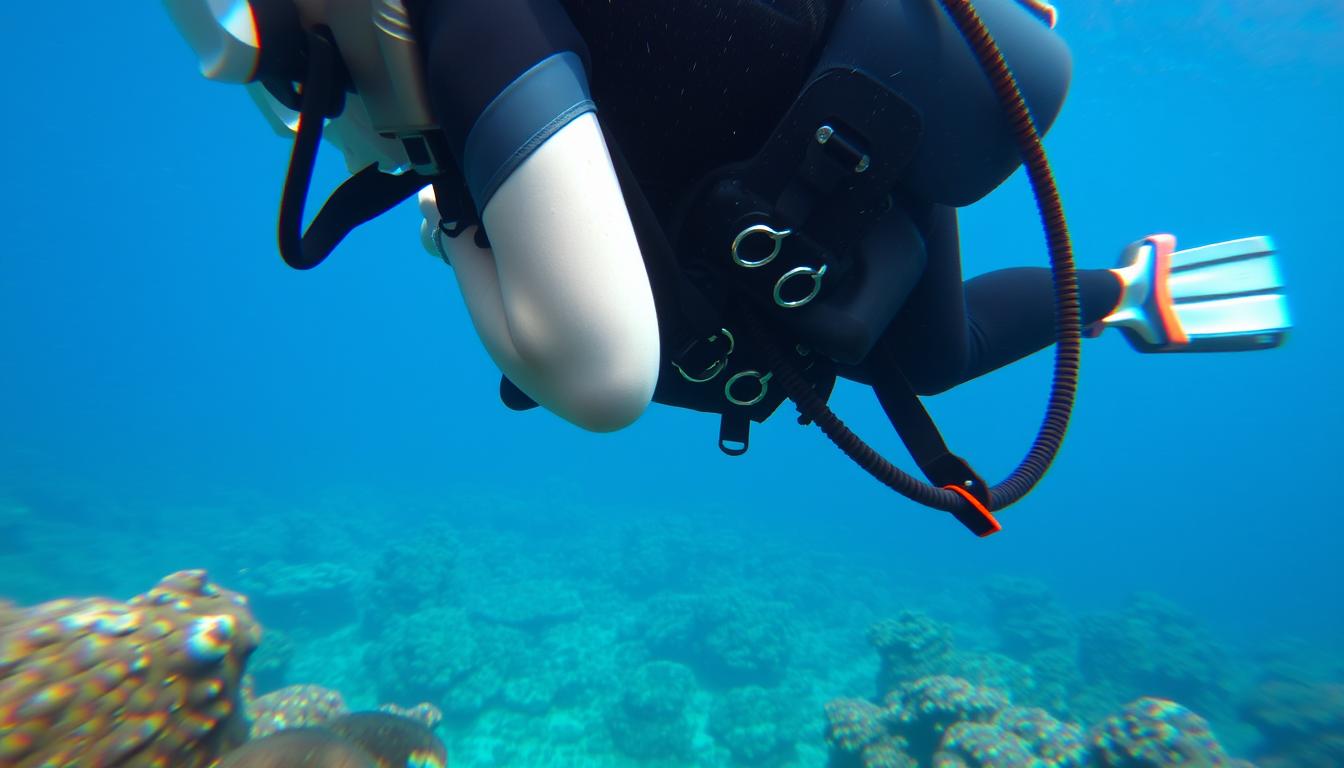 Diver using a BCD to maintain neutral buoyancy while exploring a coral reef