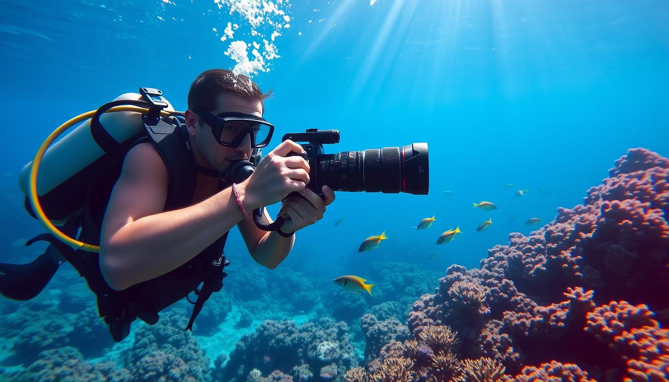 Scuba diver using an underwater camera to photograph coral reef