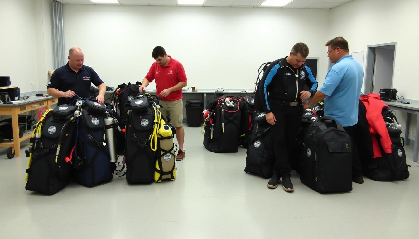 Scuba diving gear bag testing process showing bags loaded with equipment