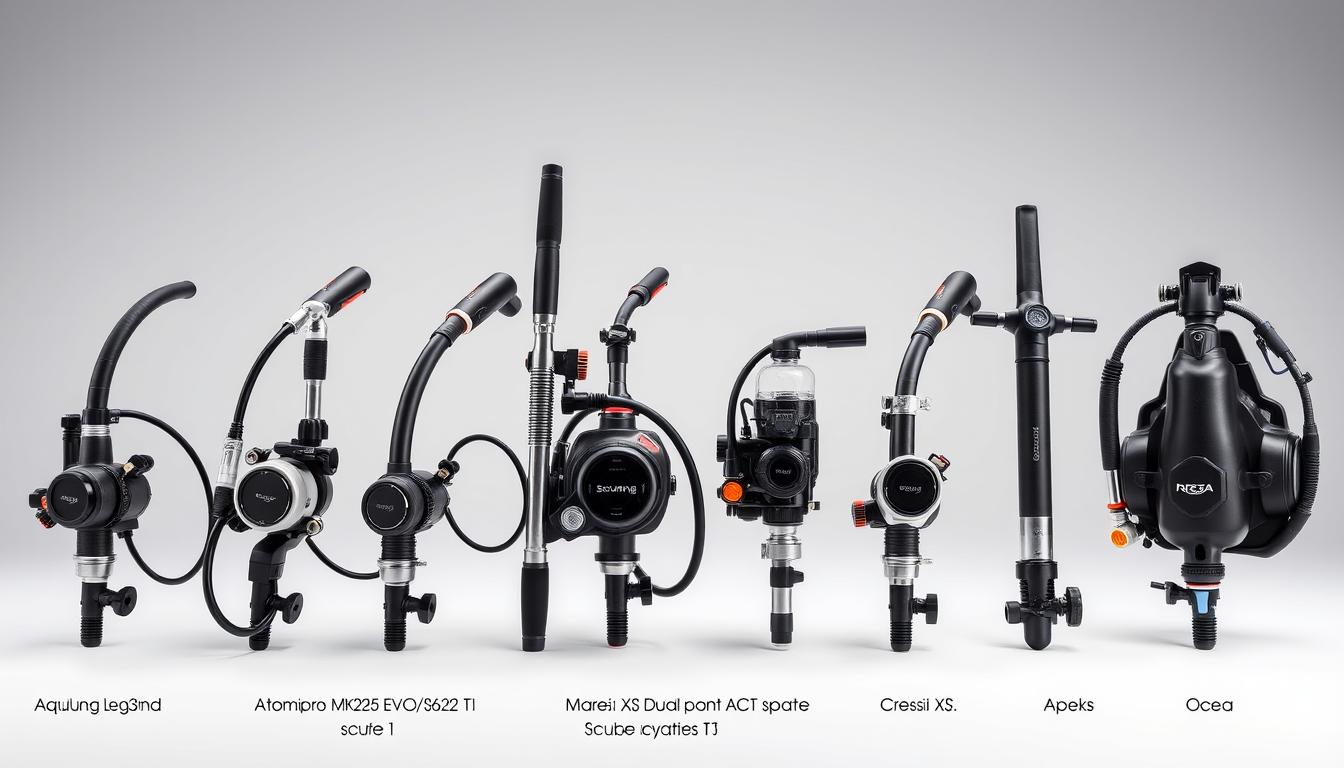 Various best scuba regulators of 2025 displayed side by side showing first and second stages