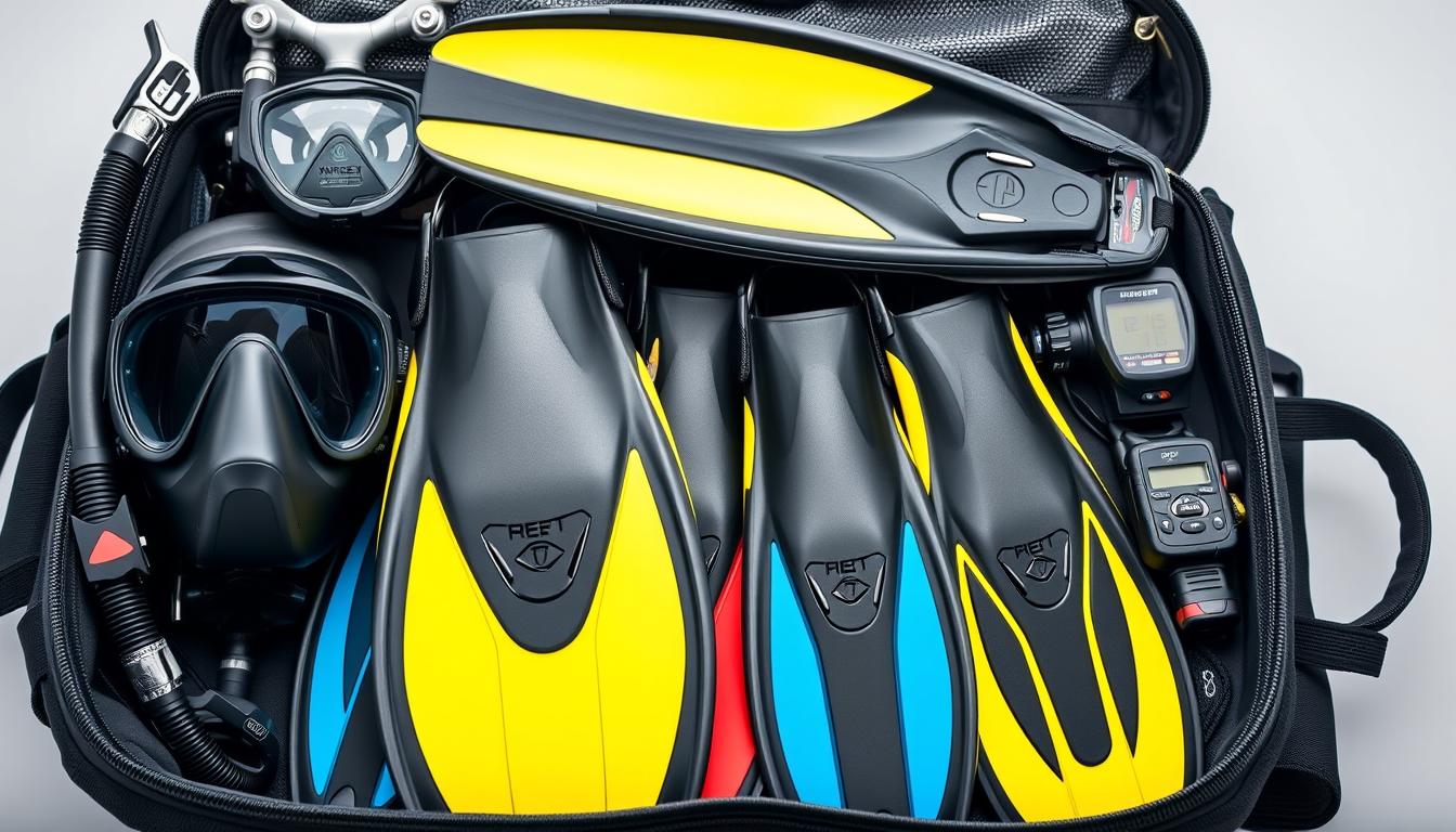 Various travel-friendly scuba fins packed in a dive bag alongside other dive equipment